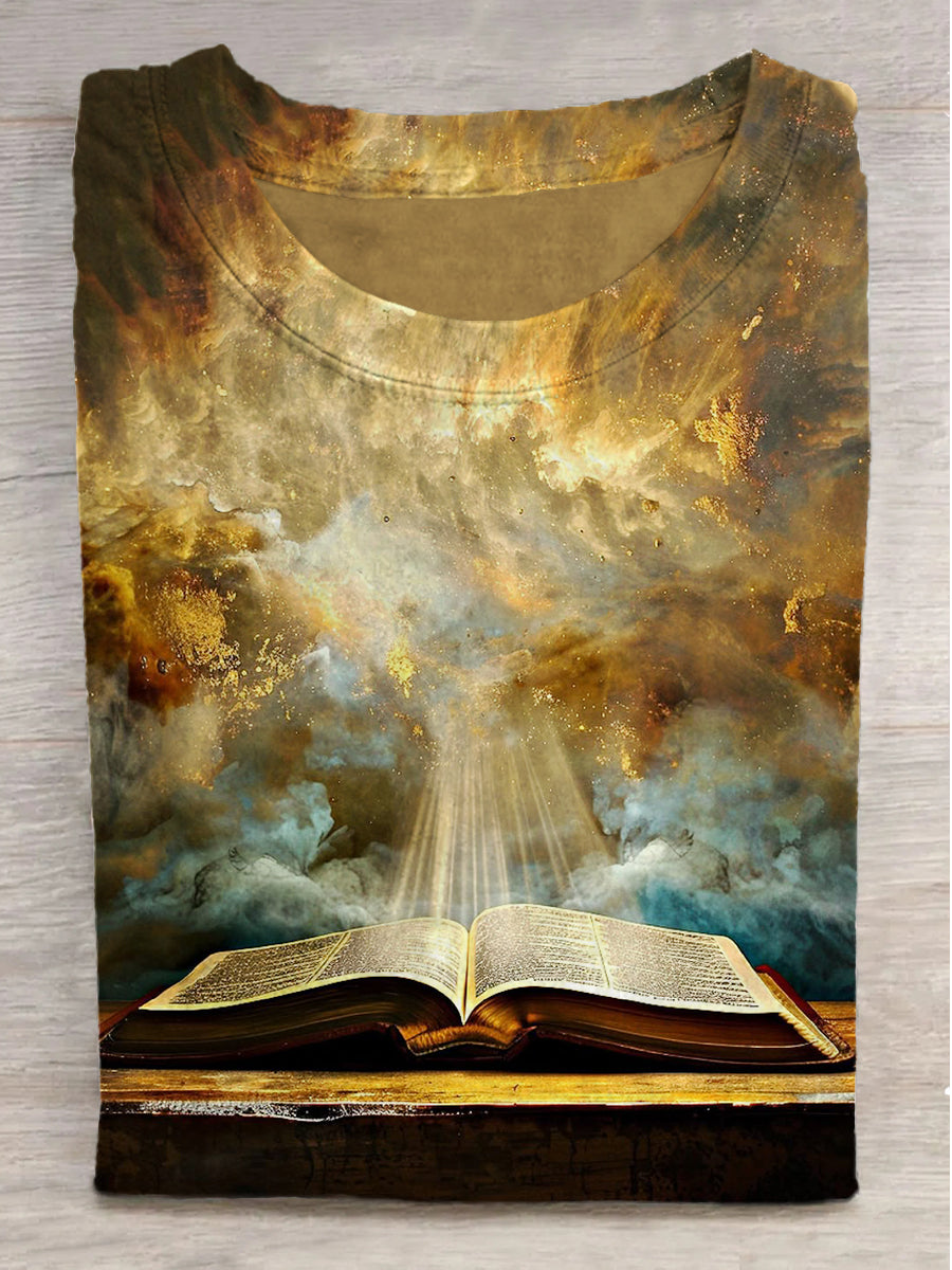 Cloudy Bible Print Round Neck Short Sleeve T-Shirt