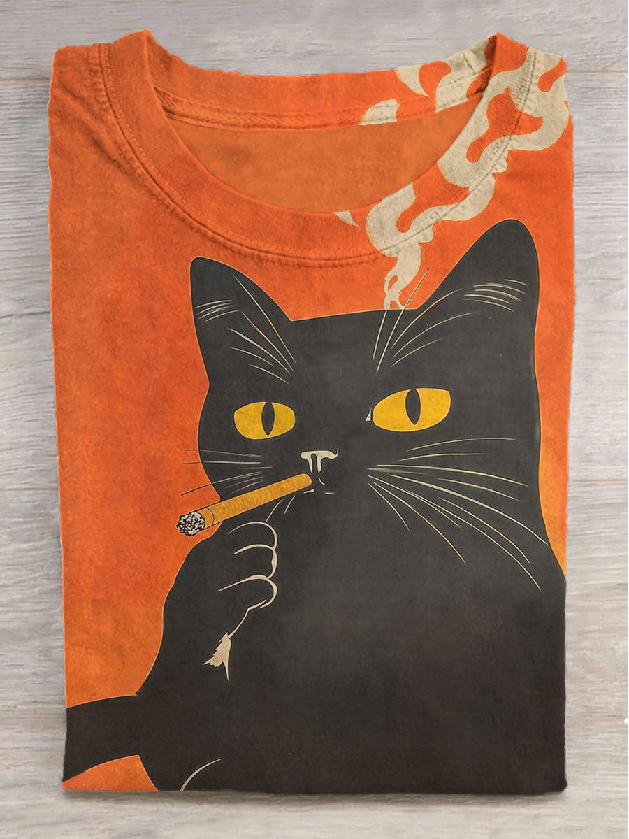 Fantasy Kitten Smoking Print Round Neck Short Sleeve T-Shirt