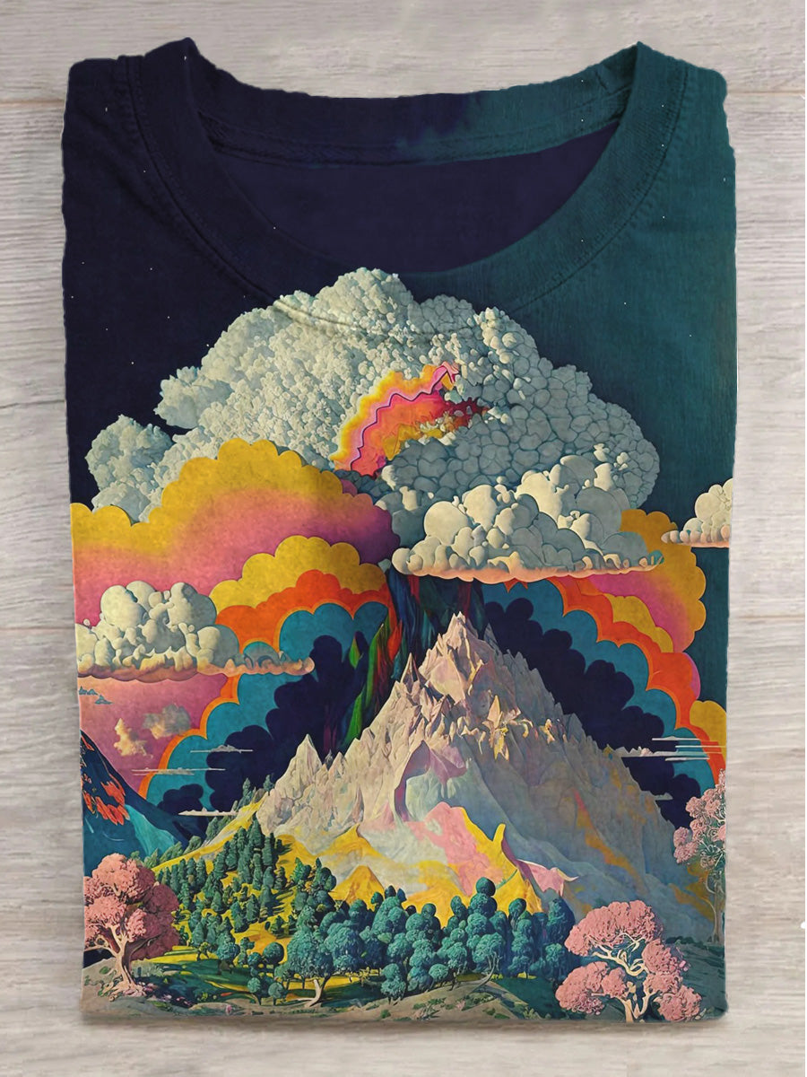 Fantasy Color World Print Round Neck Short Sleeve T-Shirt