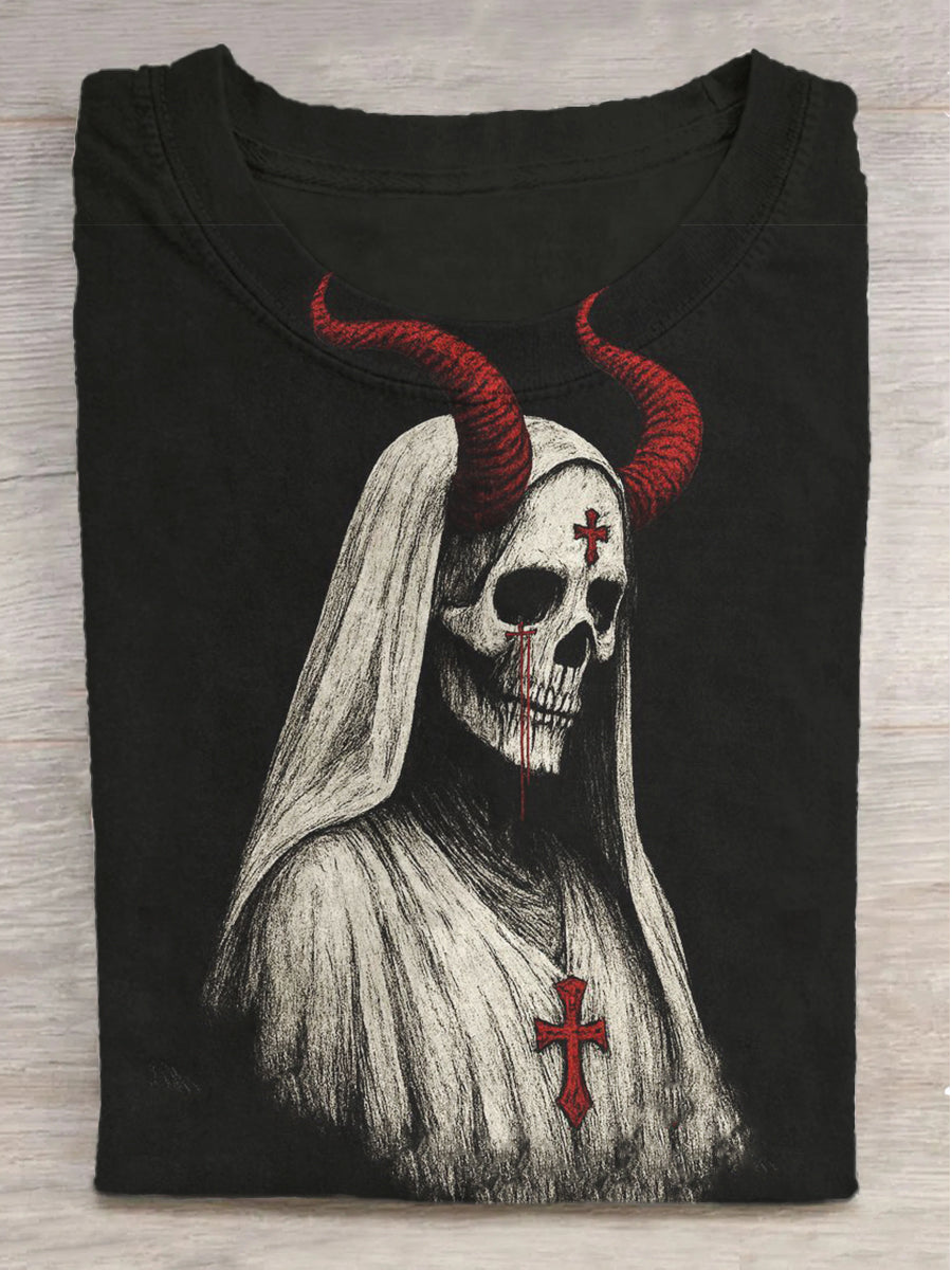 Fantasy Cross Skull Nun Print Round Neck Short Sleeve T-Shirt