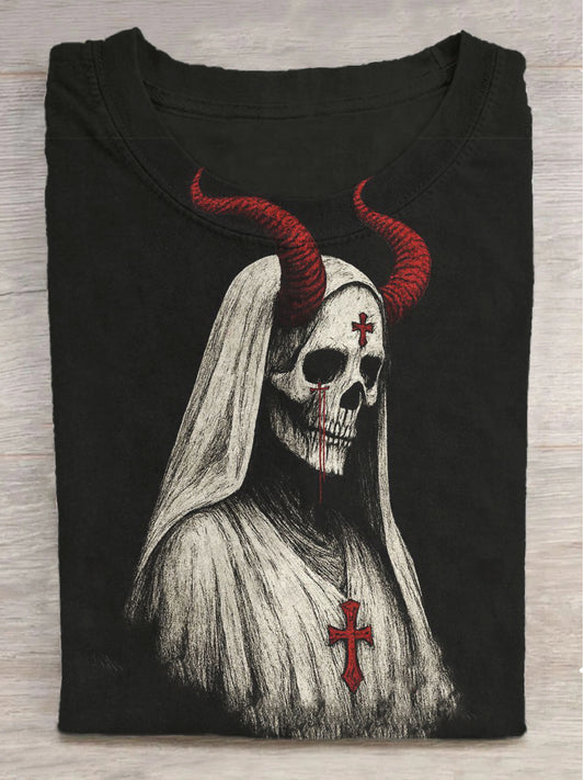 Fantasy Cross Skull Nun Print Round Neck Short Sleeve T-Shirt