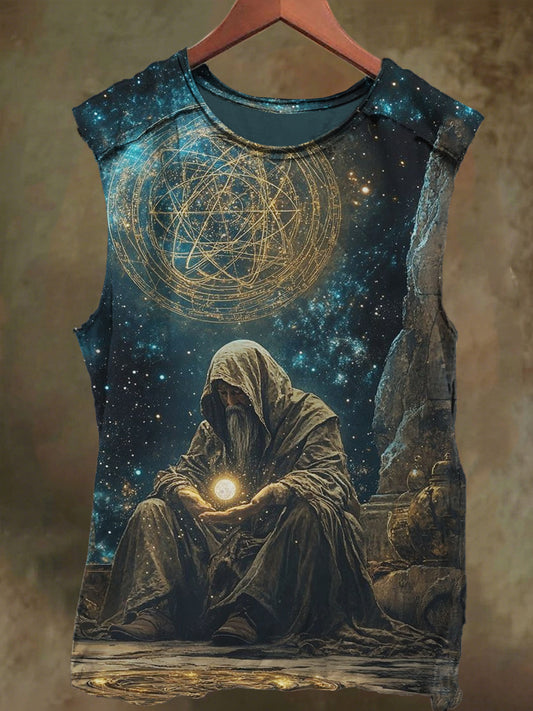 Unisex Dreamy Wizard Under the Stars Print Casual Cotton Tank Top