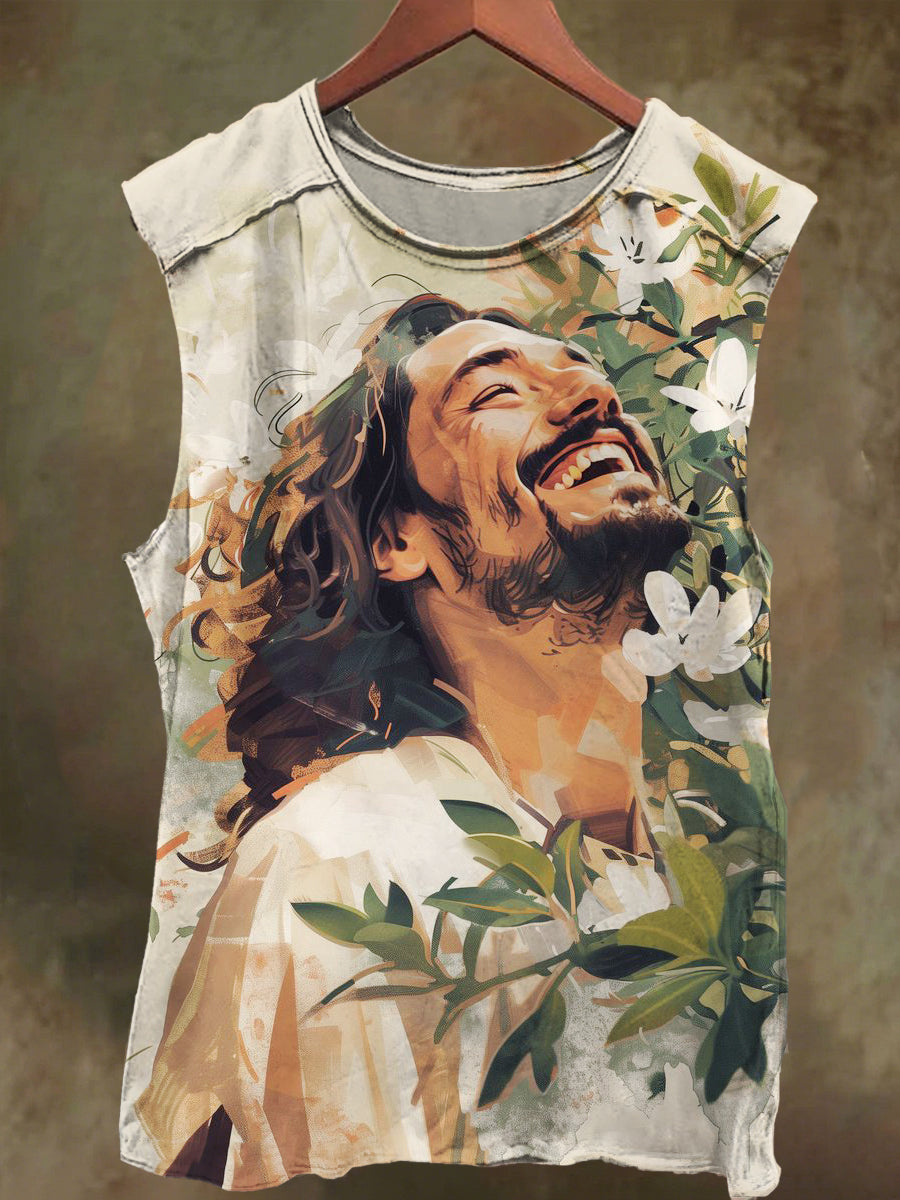 Unisex Floral Jesus Print Casual Cotton Tank Top
