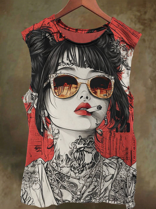 Unisex Fantasy Sexy Smoking Girl Print Casual Cotton Tank Top