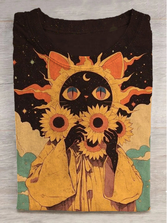 Fantasy Sunflower Black Cat Print Round Neck Short Sleeve T-Shirt