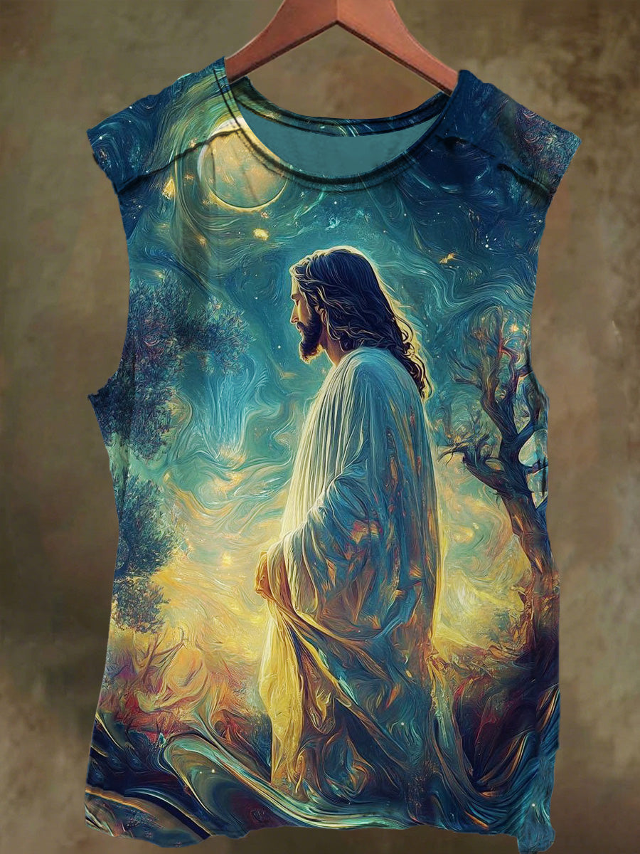Unisex Jesus Under the Moon Print Casual Cotton Tank Top