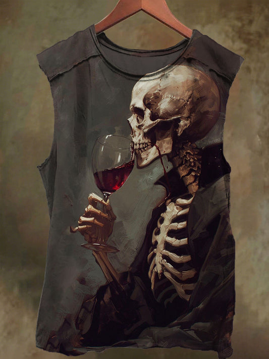 Unisex Drinking Red Wine Amount Skull Print Casual Cotton Tank Top