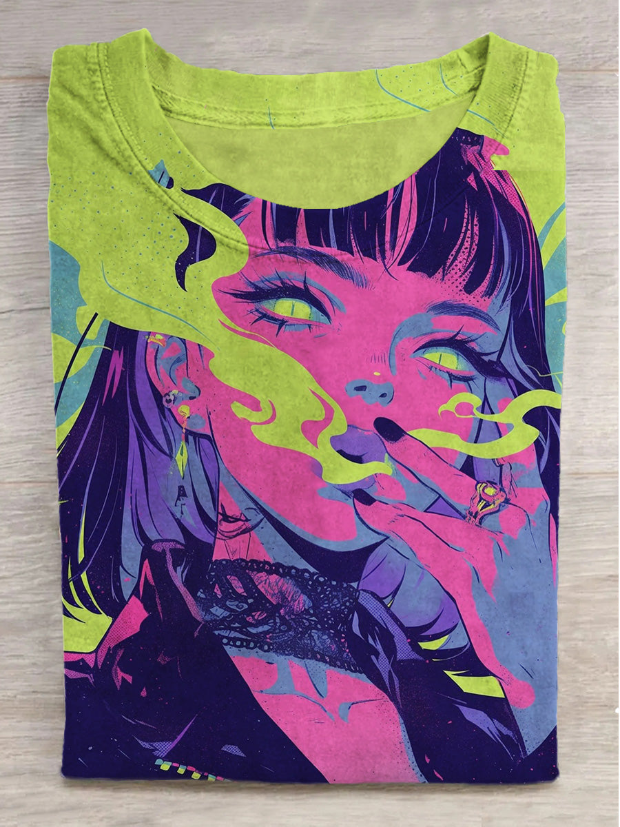 Fantasy Colorful Girl Smoking Print Round Neck Short Sleeve T-Shirt