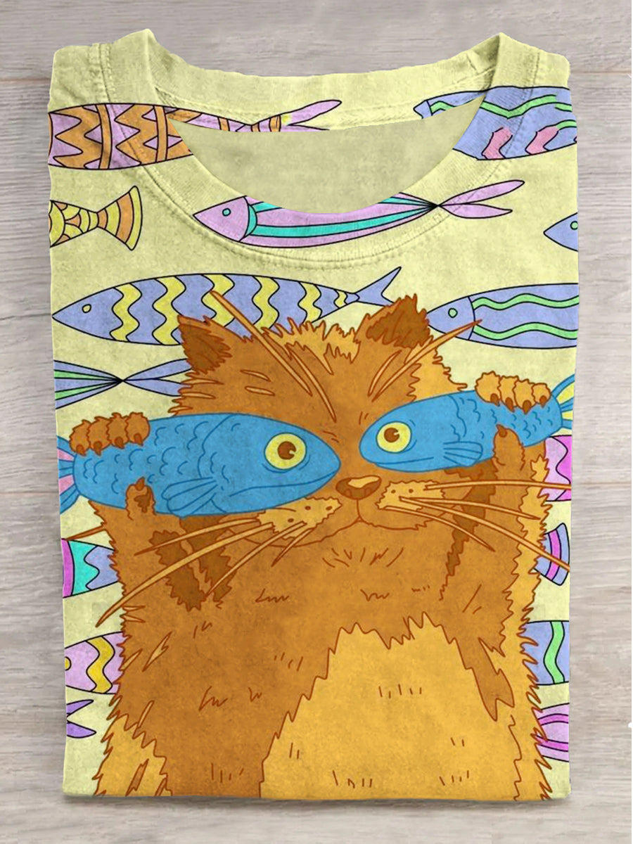 Fantasy Fun Kitten and Fish Print Round Neck Short Sleeve T-Shirt