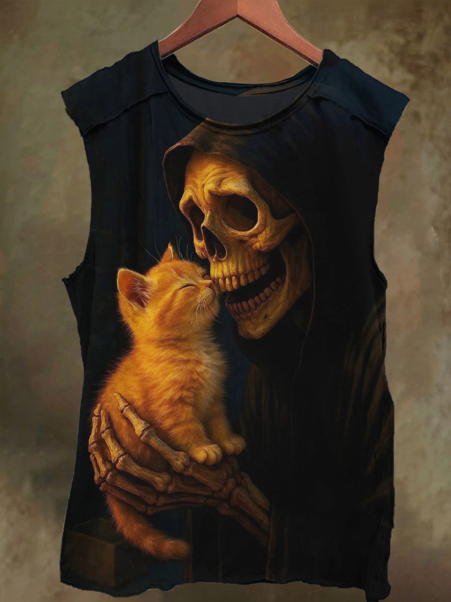 Unisex Hat Skull and Cat Print Casual Cotton Tank Top