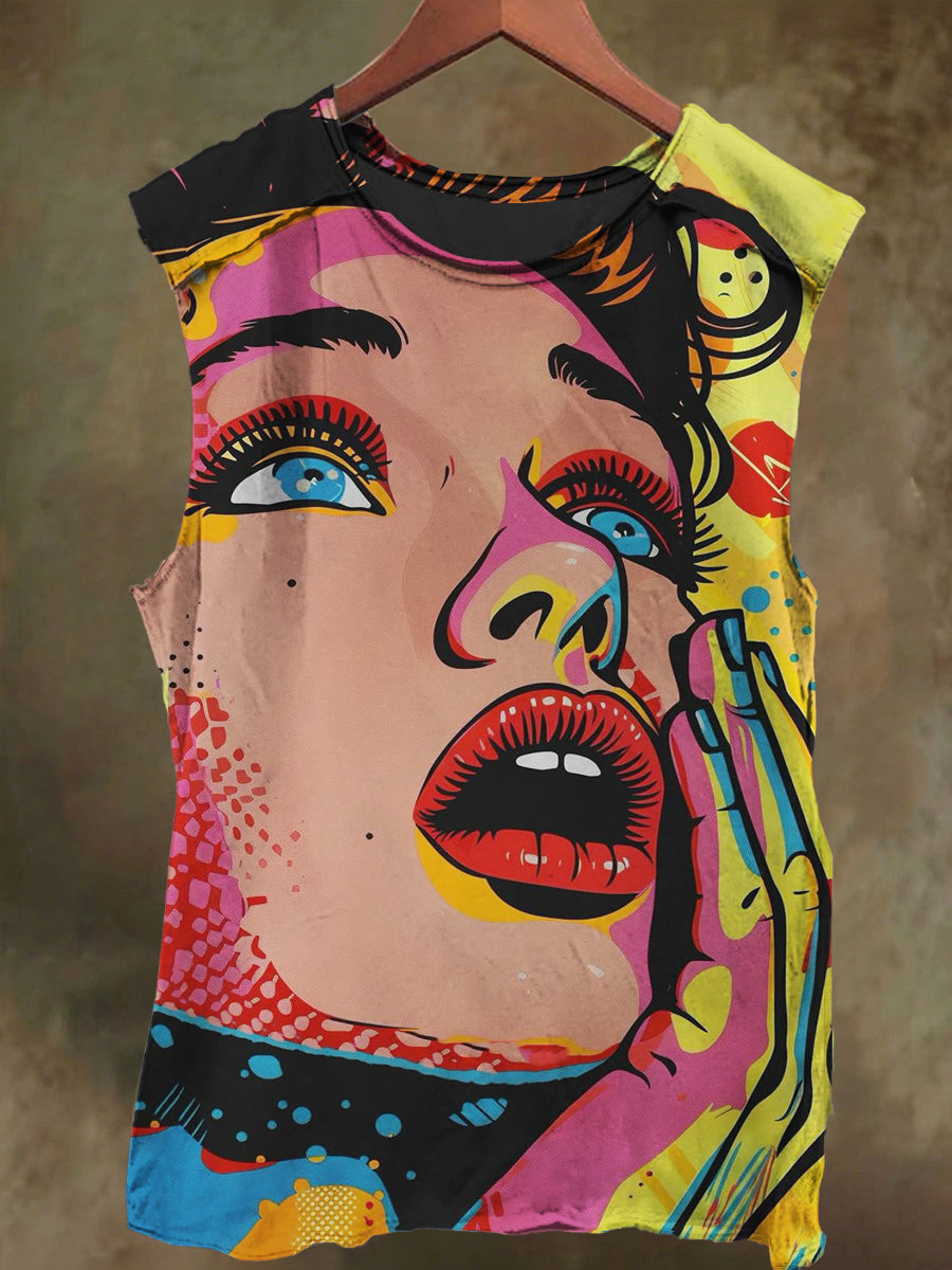 Unisex Dreamy Colorful Girl Graffiti Print Casual Cotton Tank Top