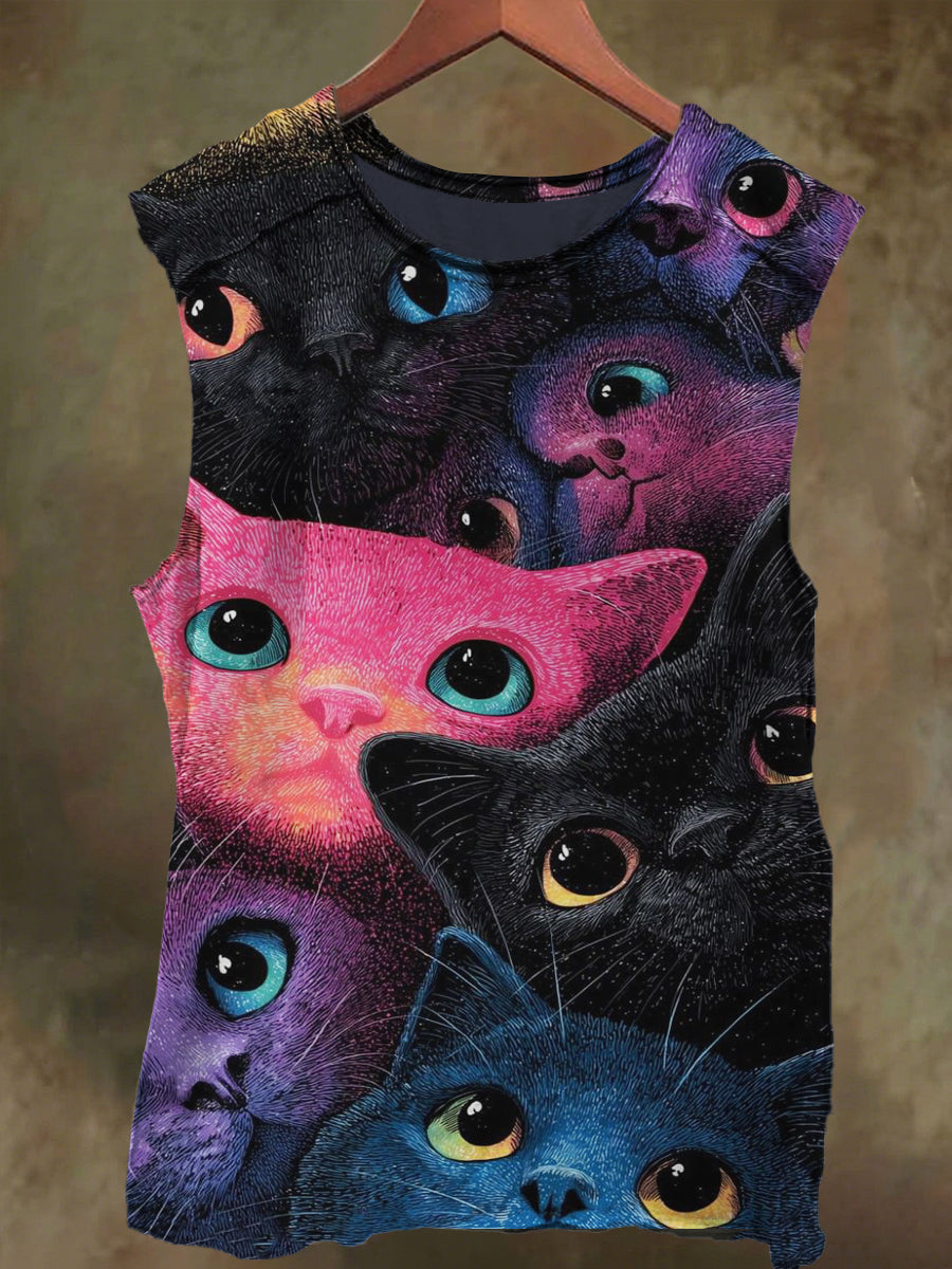 Unisex Fantasy Colorful Kitten Print Casual Cotton Tank Top