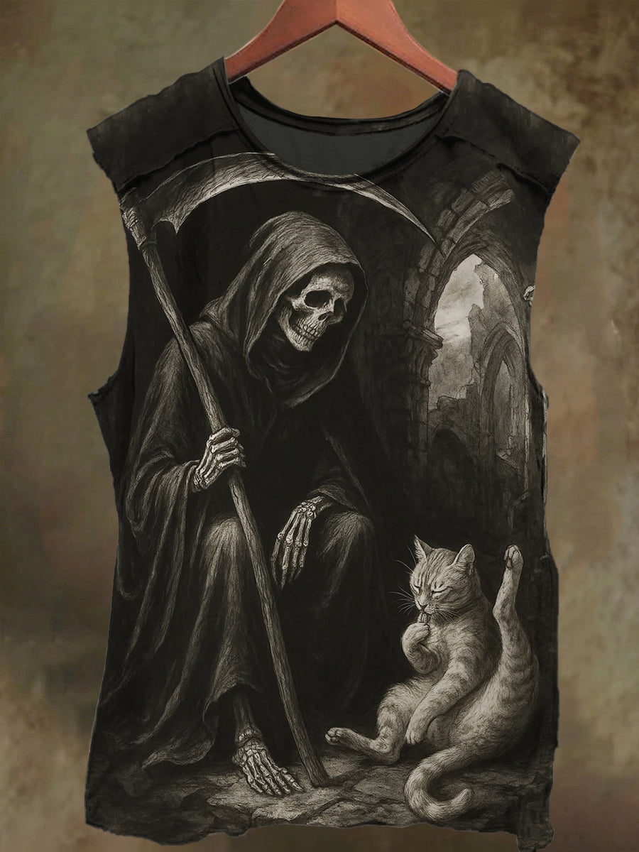 Unisex Sickle Skull Cat Print Casual Cotton Tank Top
