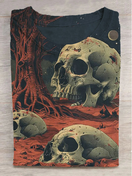 Fantasy Skull Forest Print Round Neck Short Sleeve T-Shirt