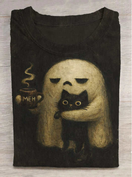 Fantasy Ghost Kitten Print Round Neck Short Sleeve T-Shirt