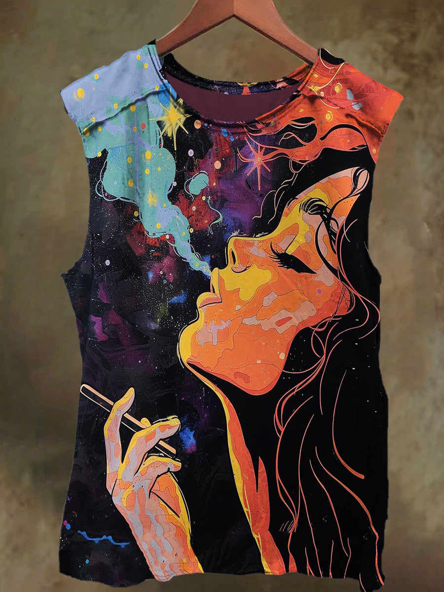 Unisex Smoking Graffiti Girl Print Casual Cotton Tank Top