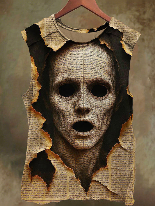 Unisex Visual Illusion Newspaper Head Print Casual Cotton Tank Top