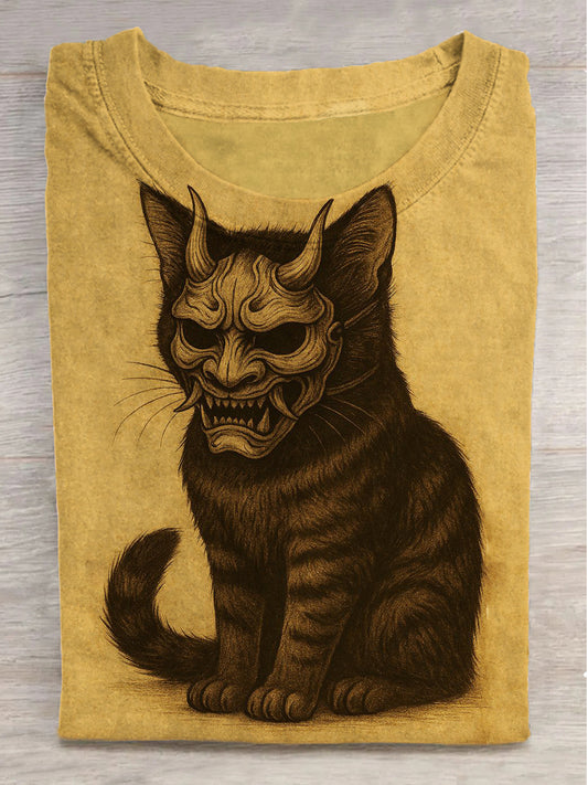 Fantasy Mask Black Cat Print Round Neck Short Sleeve T-Shirt