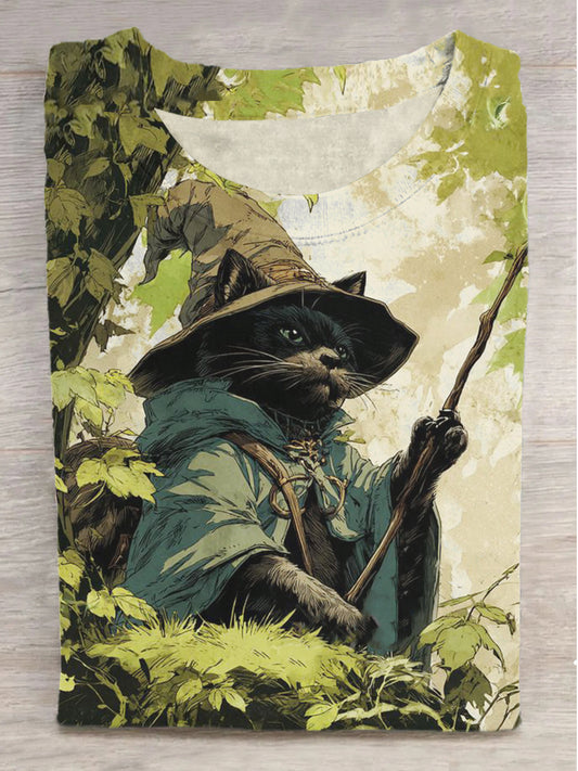 Fantasy Magic Wizard Cat Print Round Neck Short Sleeve T-Shirt