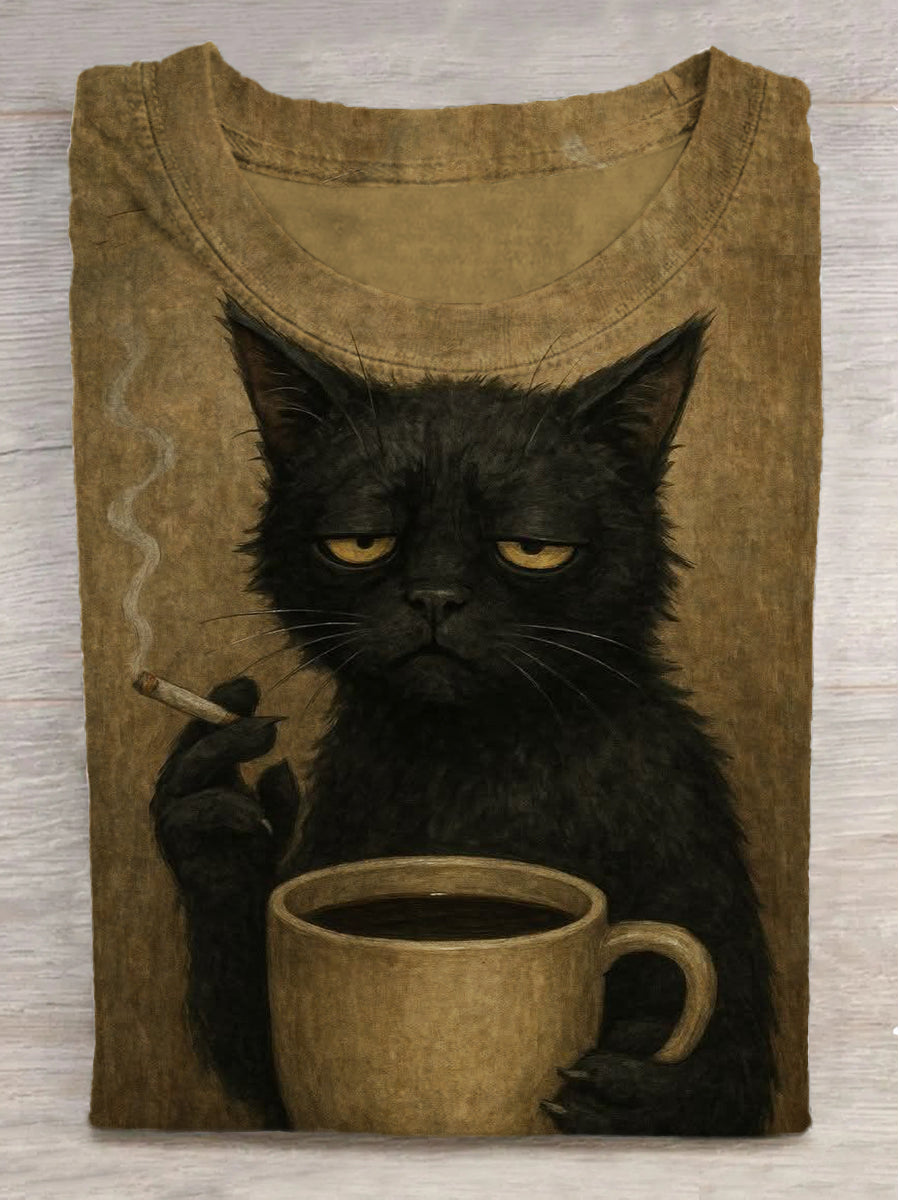 Coffee Drinking Black Cat Print Round Neck Short Sleeve T-Shirt