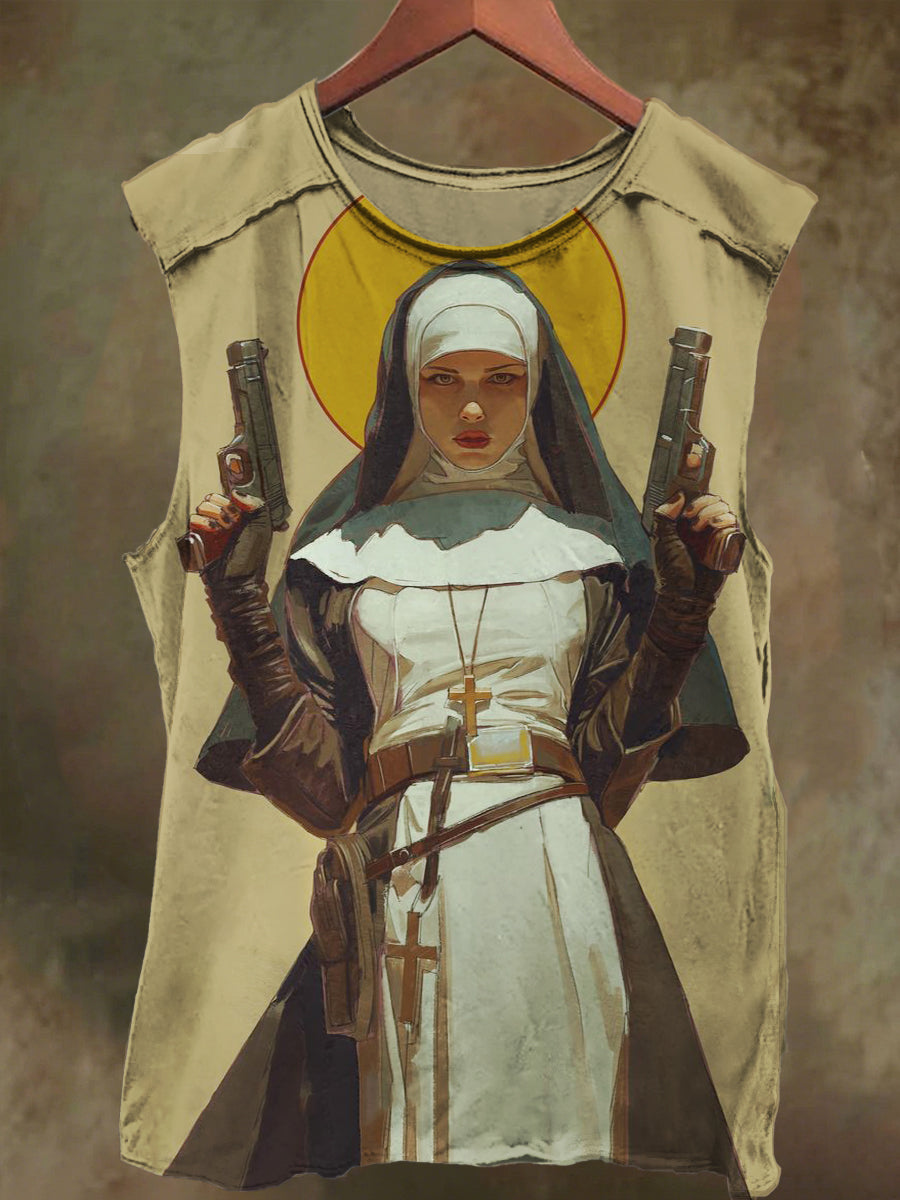 Unisex Nun with Weapon Print Casual Cotton Tank Top