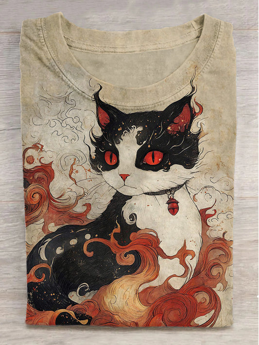 Fantasy Cat Divine Beast Print Round Neck Short Sleeve T-Shirt