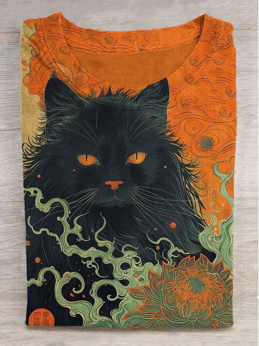 Black Cat Printed Round Neck Short Sleeve T-Shirt in Dreamy Clouds