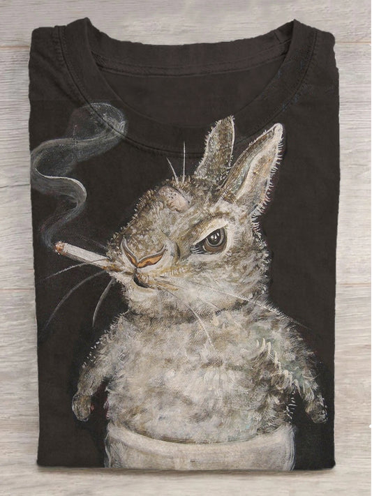 Fantasy Smoking Bunny Print Crew Neck Short Sleeve T-Shirt