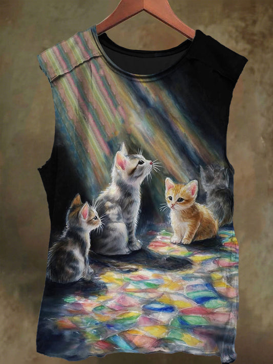 Unisex Light and Shadow Kitten Print Casual Cotton Tank Top