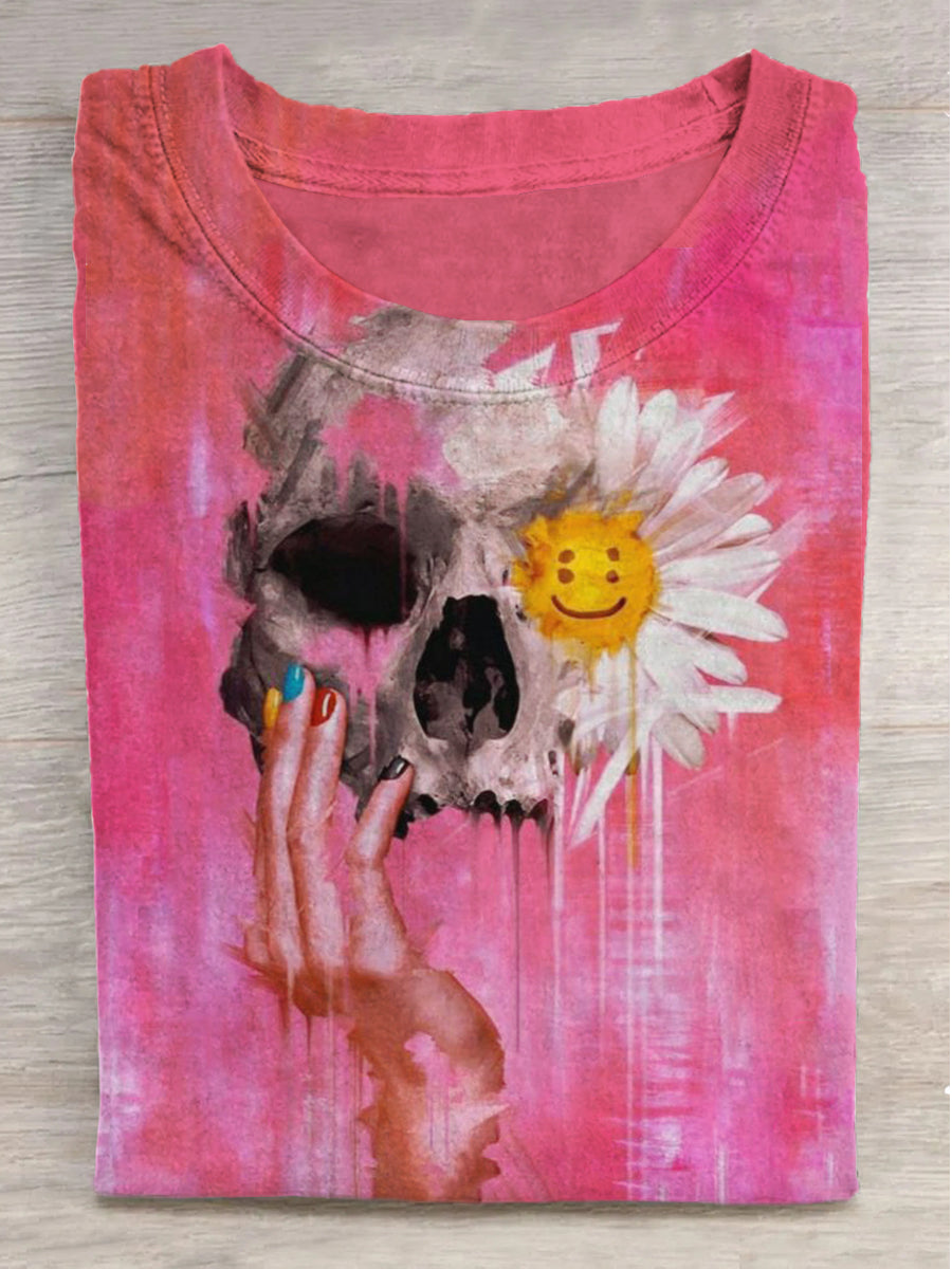 Fantasy Skull Flower Print Round Neck Short Sleeve T-Shirt