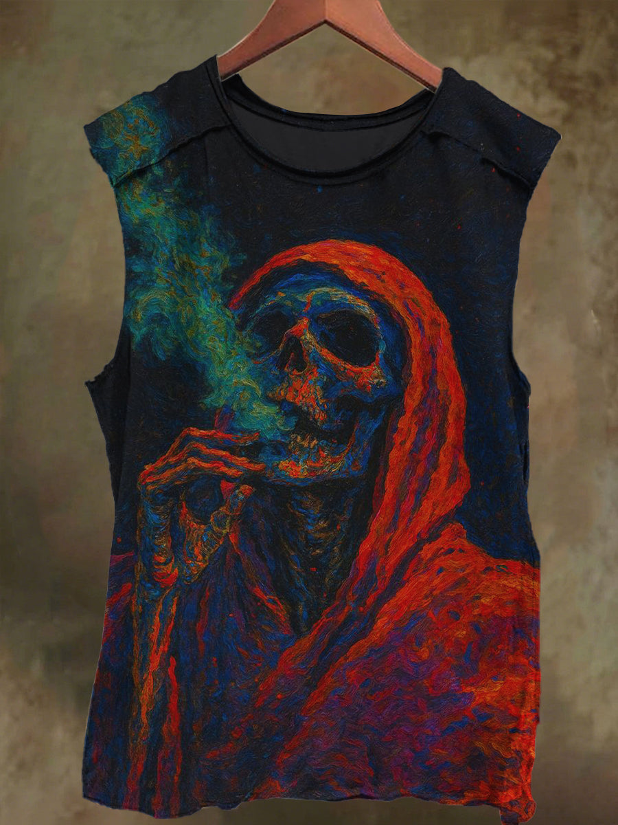 Unisex Fantasy Night Smoking Skull Print Casual Cotton Tank Top