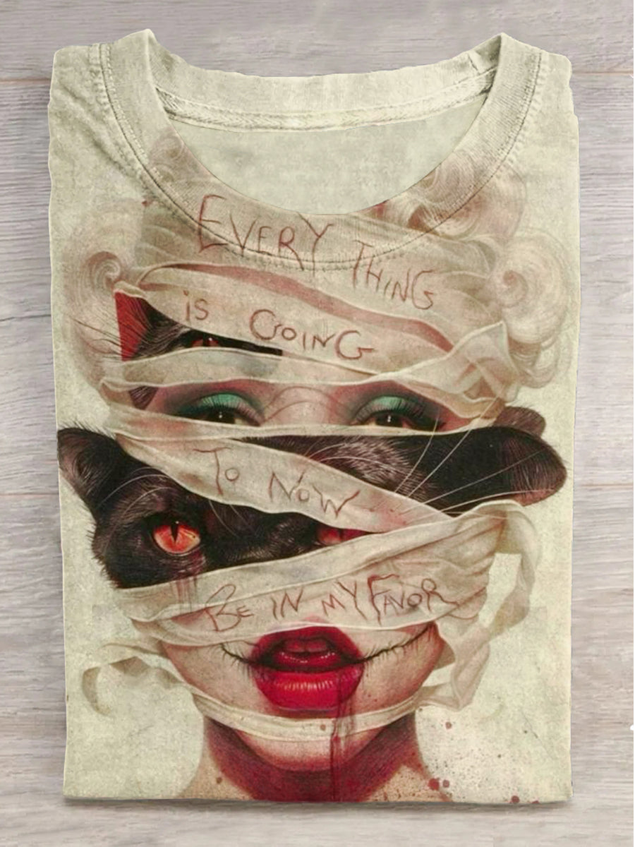 Fantasy Cat Pig and Girl Print Round Neck Short Sleeve T-Shirt