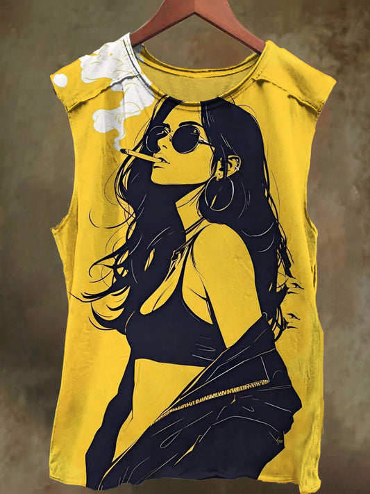 Unisex Smoking Girl Graffiti Print Casual Cotton Tank Top