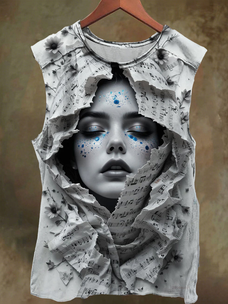 Unisex Visual Illusion Newspaper Girl Print Casual Cotton Tank Top