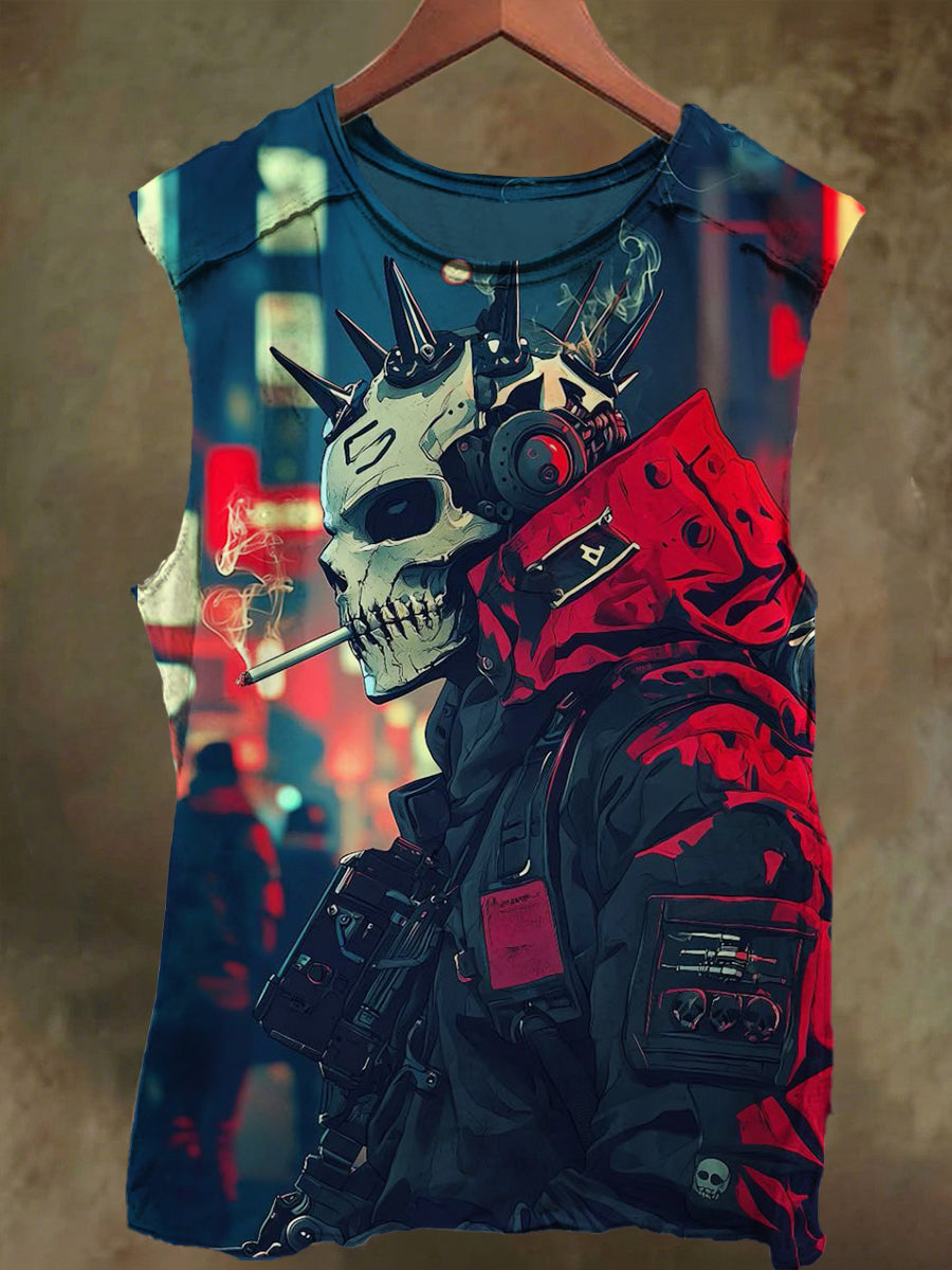 Unisex Dark Skull Smoking Print Casual Cotton Tank Top