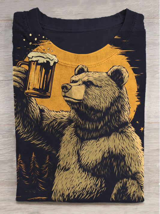 Fantasy Bear and Wine Print Round Neck Short Sleeve T-Shirt