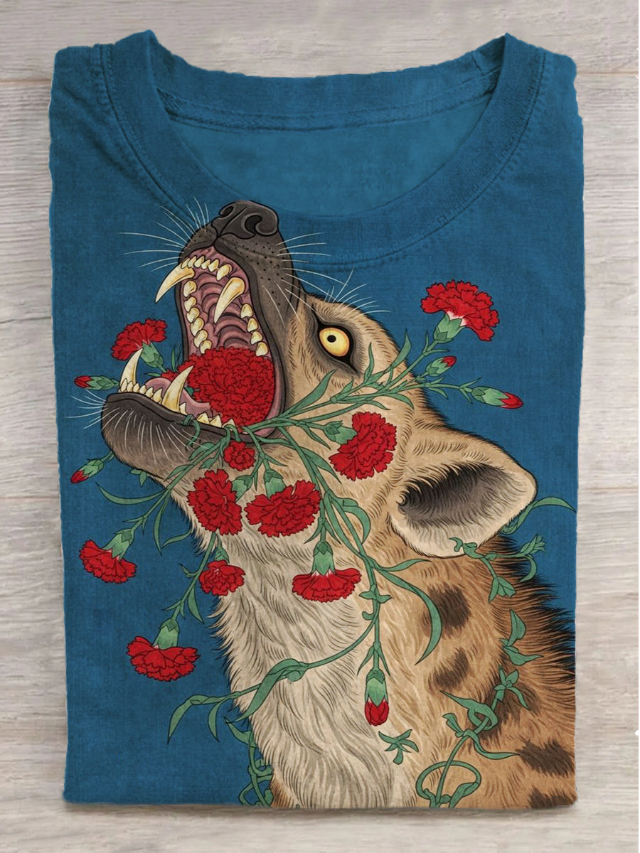 Fantasy Floral and Wolf Print Crew Neck Short Sleeve T-Shirt