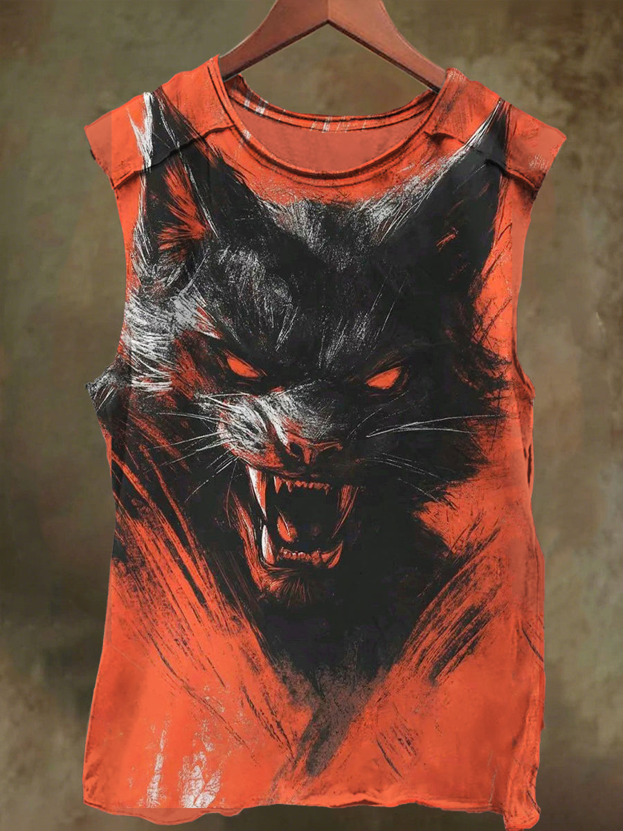 Unisex Wolf Head Print Casual Cotton Tank Top