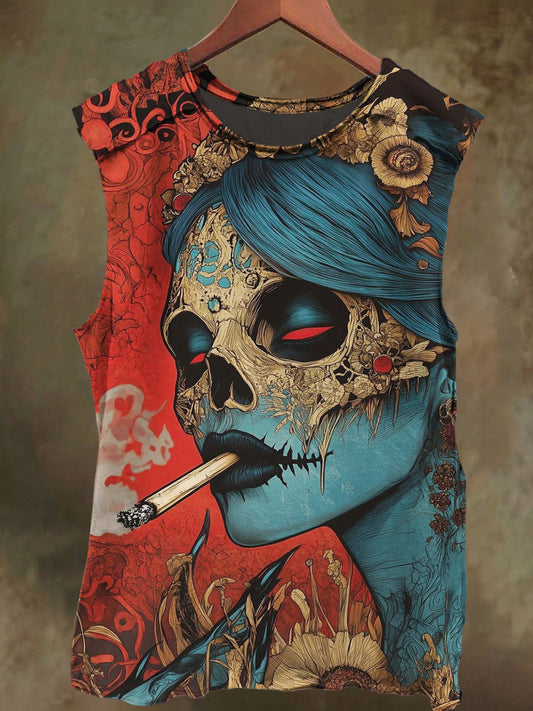 Unisex Girls Smoking Skull Print Casual Cotton Tank Top