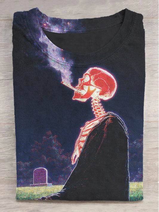 Fantasy Smoking Skull Print Crew Neck Short Sleeve T-Shirt