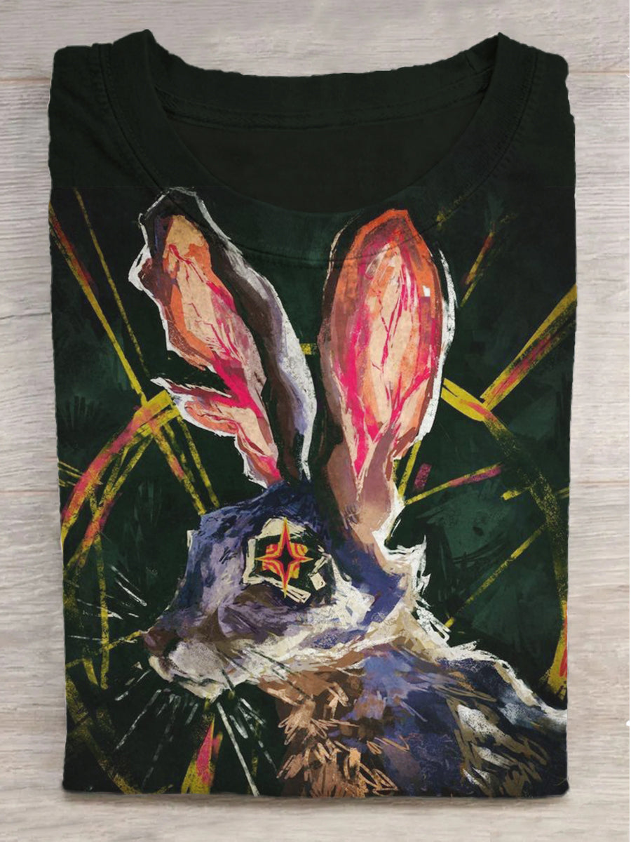 Fantasy Dark Bunny Print Round Neck Short Sleeve T-Shirt