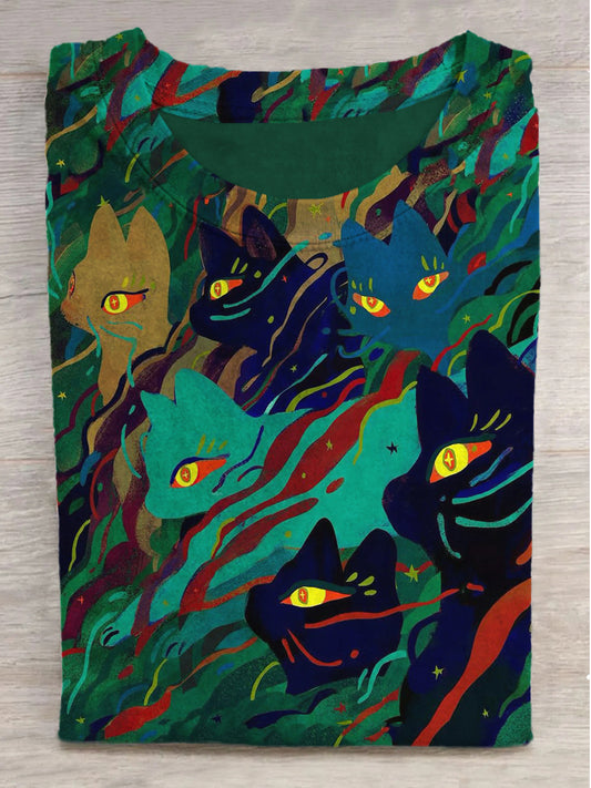 Fantasy Colorful Kitten Print Round Neck Short Sleeve T-Shirt