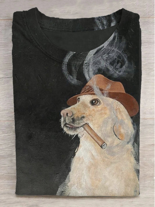 Fantasy Cowboy Smoking Dog Print Round Neck Short Sleeve T-Shirt