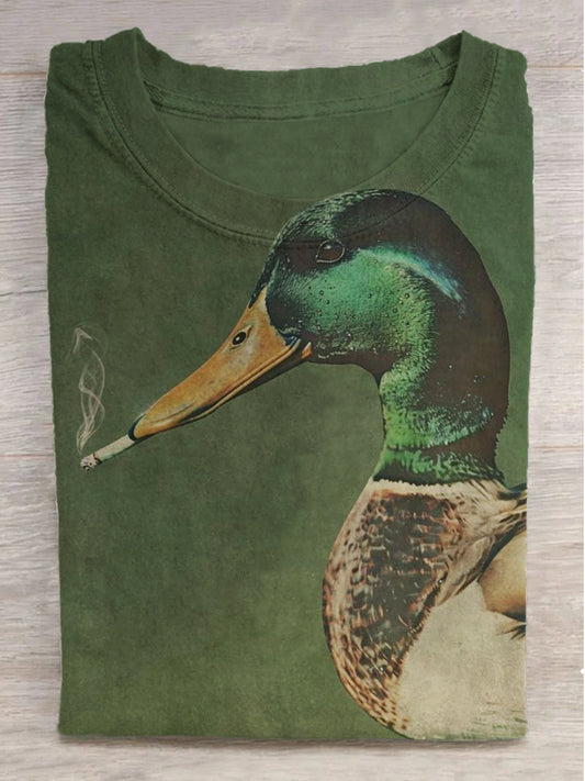 Fantastic Smoking Duck Print Round Neck Short Sleeve T-Shirt