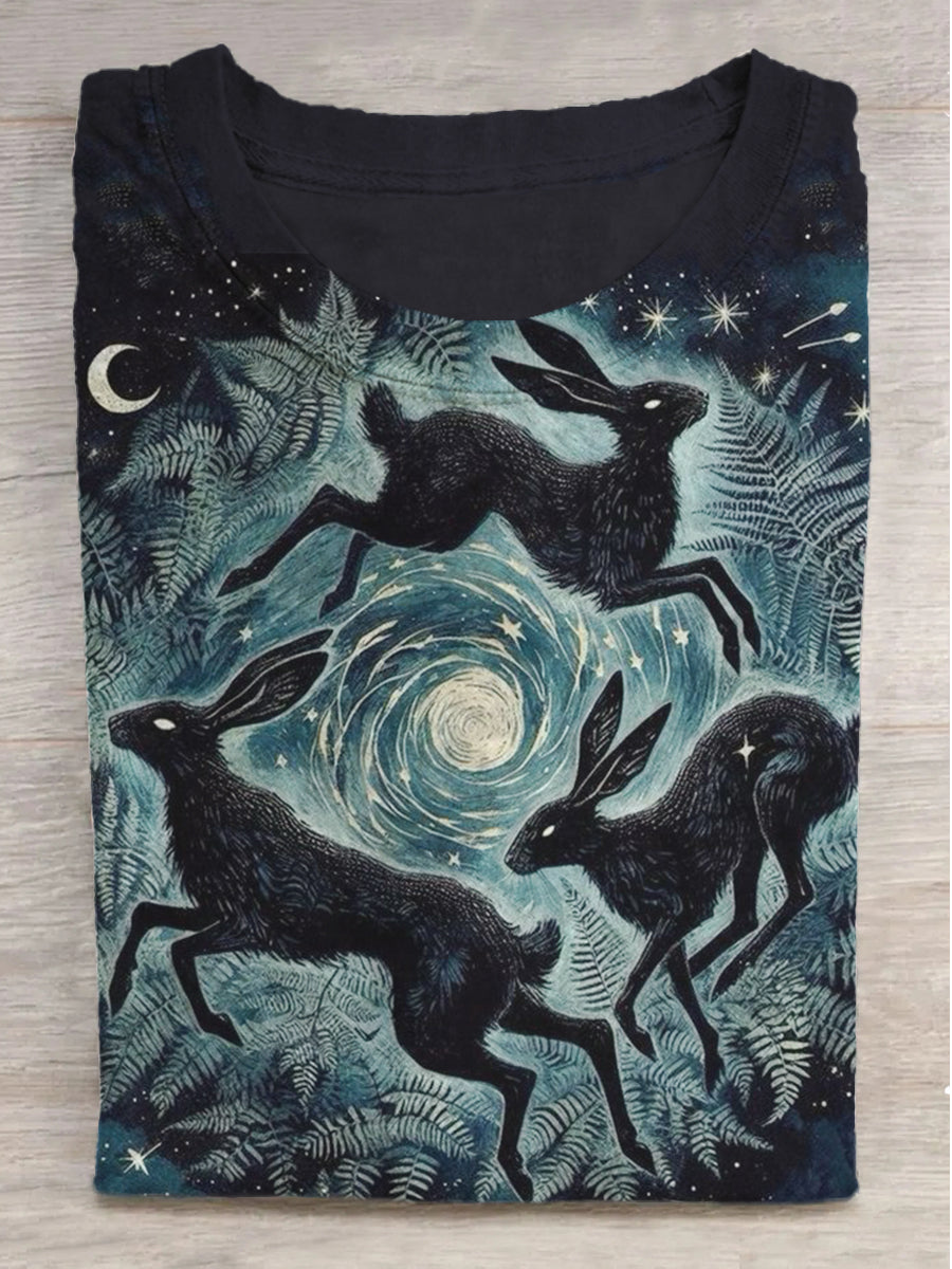 Whimsical Swirl Bunny Print Round Neck Short Sleeve T-Shirt