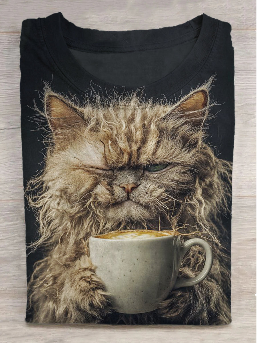 Annoyed Cat Print Crew Neck Short Sleeve T-Shirt