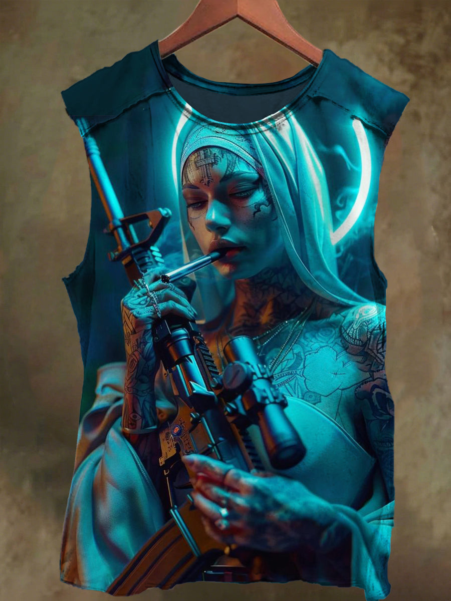 Unisex Fantasy Smoking Nun Print Casual Cotton Tank Top
