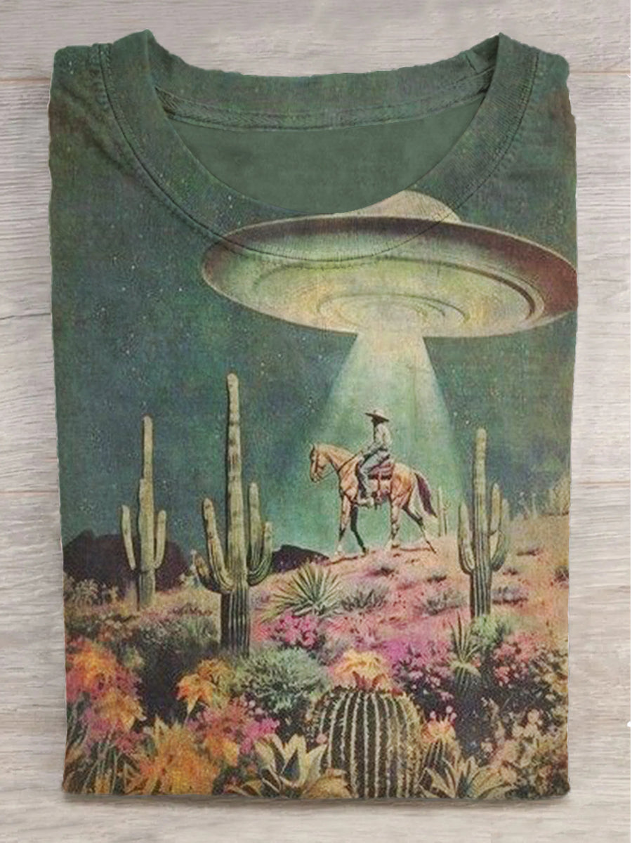 Fantasy Spaceship Desert Cowboy Print Round Neck Short Sleeve T-Shirt