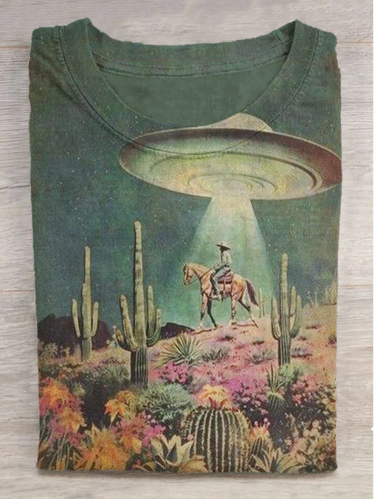Fantasy Spaceship Desert Cowboy Print Round Neck Short Sleeve T-Shirt