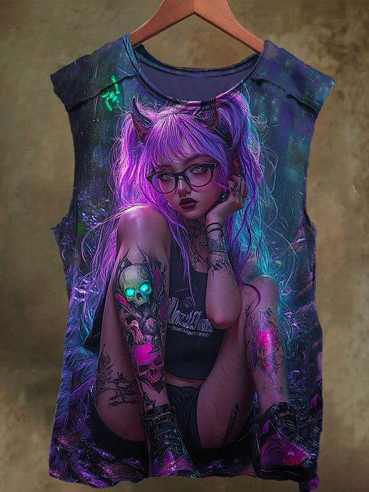 Unisex Fantasy Sexy Graffiti Girl Print Casual Cotton Tank Top